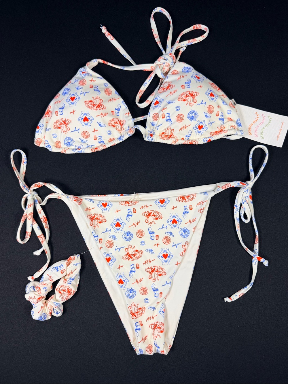 Dippin' Daisy's White Bikini Set with Red & Blue Print and Scrunchie